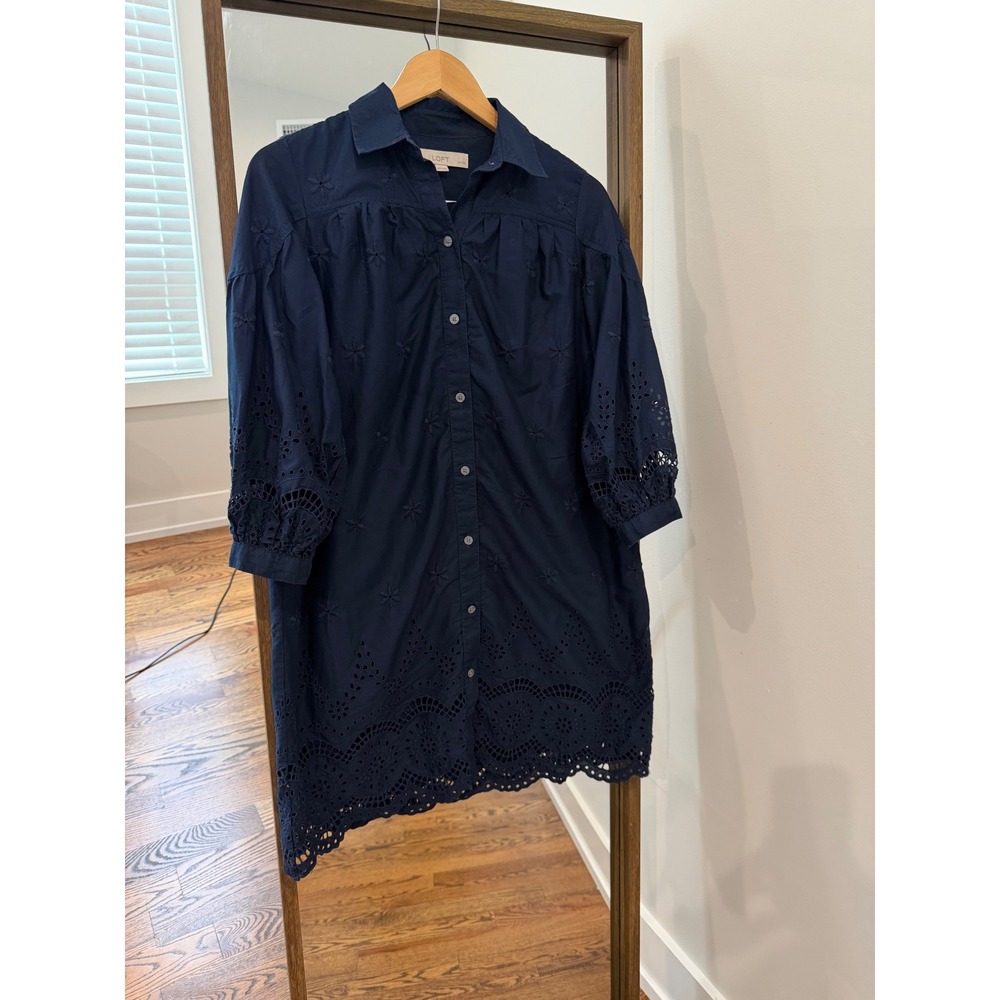 LOFT Navy Blue Floral Eyelet Embroidery Button Front Shirt Dress Petite XSP